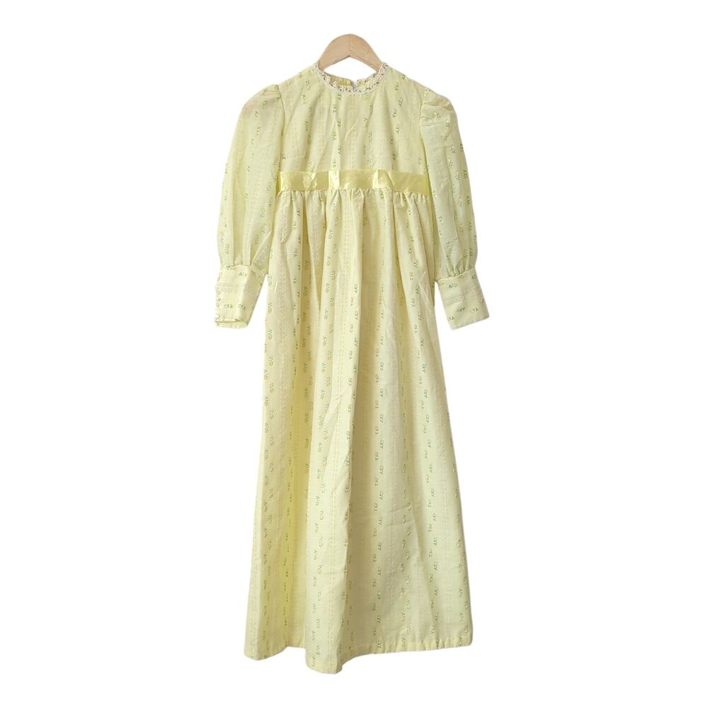 Vintage MCM‎ 70s Womens Yellow Long Sleeve Empire Prairie Dress XXS Lace Floral